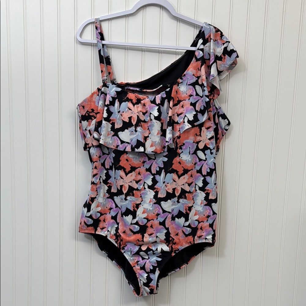 Time and Tru Women's Watercolor Splash Floral One-Shoulder Swimsuit One Piece